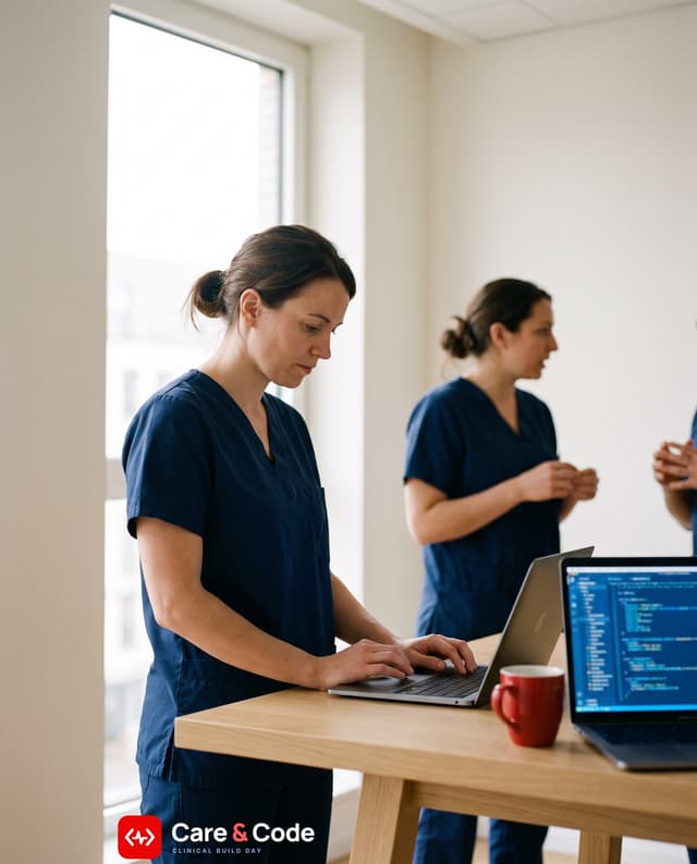 Verpleegkundige aan een laptop in een lichte ruimte; illustratief beeld, geen eventfoto
